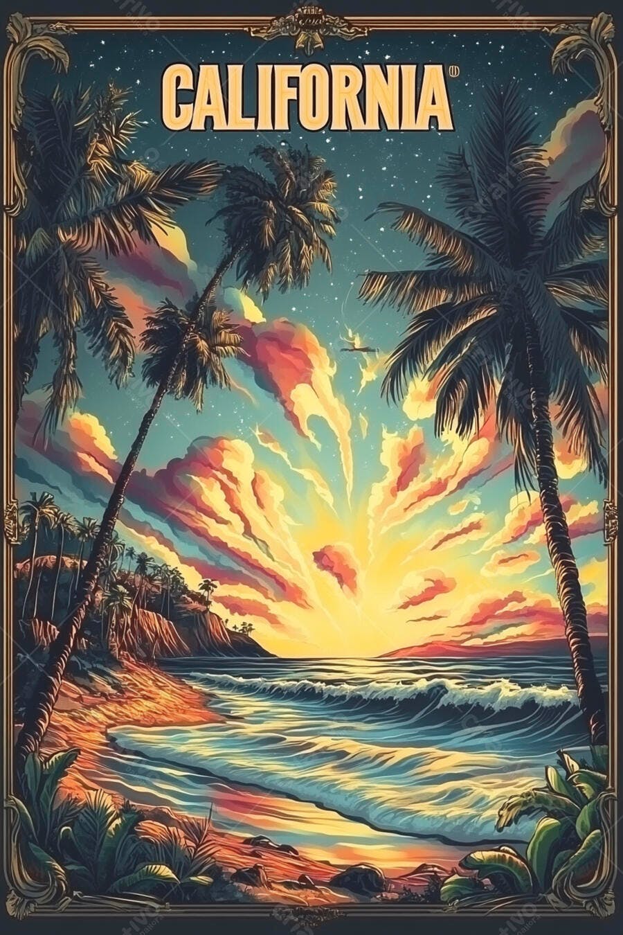Pôster Califórnia Praia Coqueiros Pôr do Sol Retrô