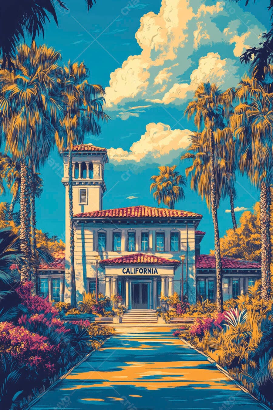 Ilustração Prédio Califórnia Palmeiras Céu Azul Verão