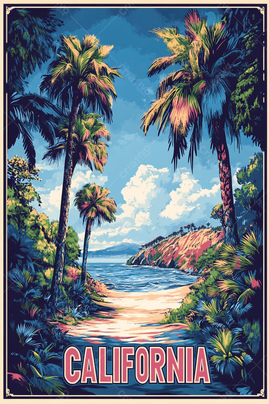 Pôster Califórnia Praia Palmeiras Estilo Vintage Ilustração