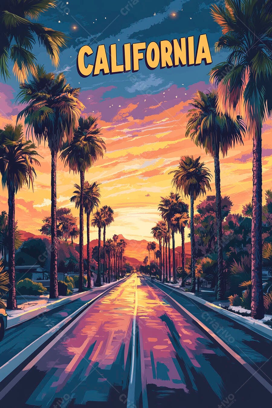 Ilustração Estrada Califórnia Pôr do Sol Palmeiras Retrô