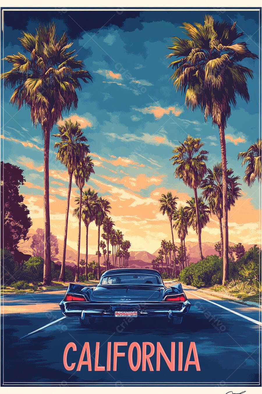 Ilustração Carro Vintage Estrada Palmeiras Califórnia Pôr do Sol