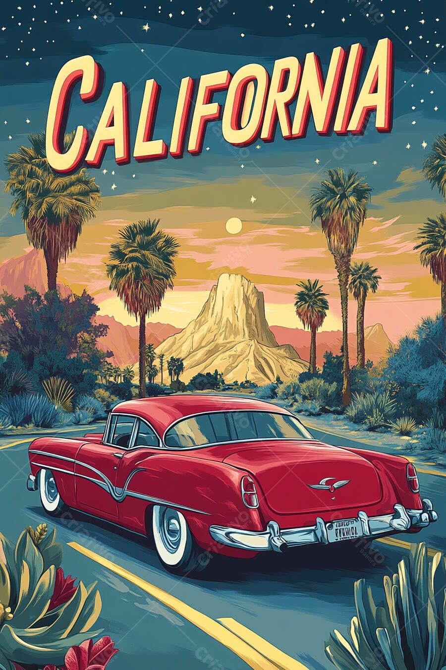 Ilustração Carro Antigo Califórnia Pôr do Sol Vintage