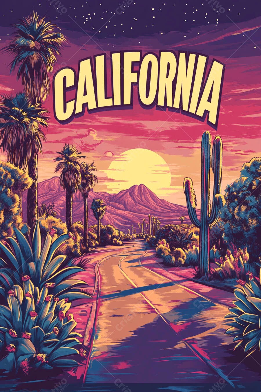 Ilustração Califórnia Estrada Deserto Pôr do Sol Retrô