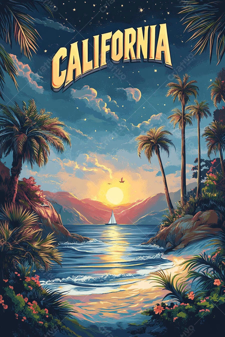 Ilustração Califórnia Pôr do Sol Praia Palmeiras Mar