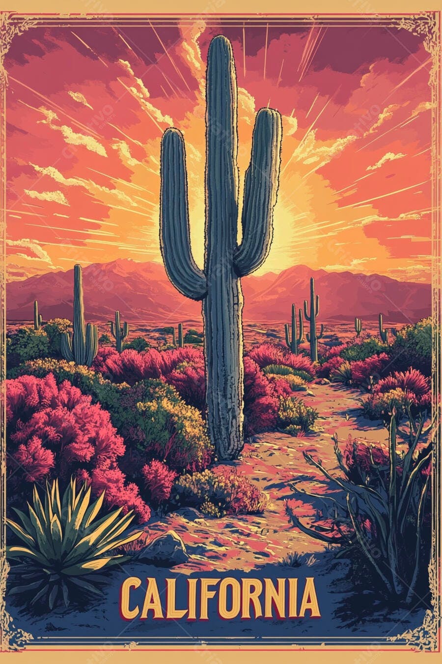 Pôster Vintage Deserto Califórnia Cacto Saguaro Pôr do Sol