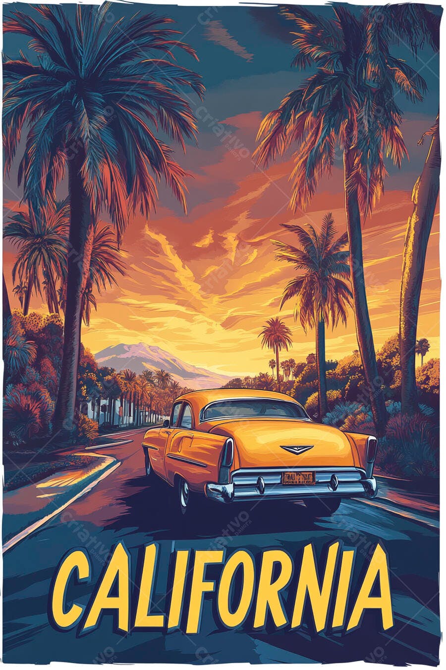 Ilustração Carro Antigo Califórnia Pôr do Sol Palmeiras