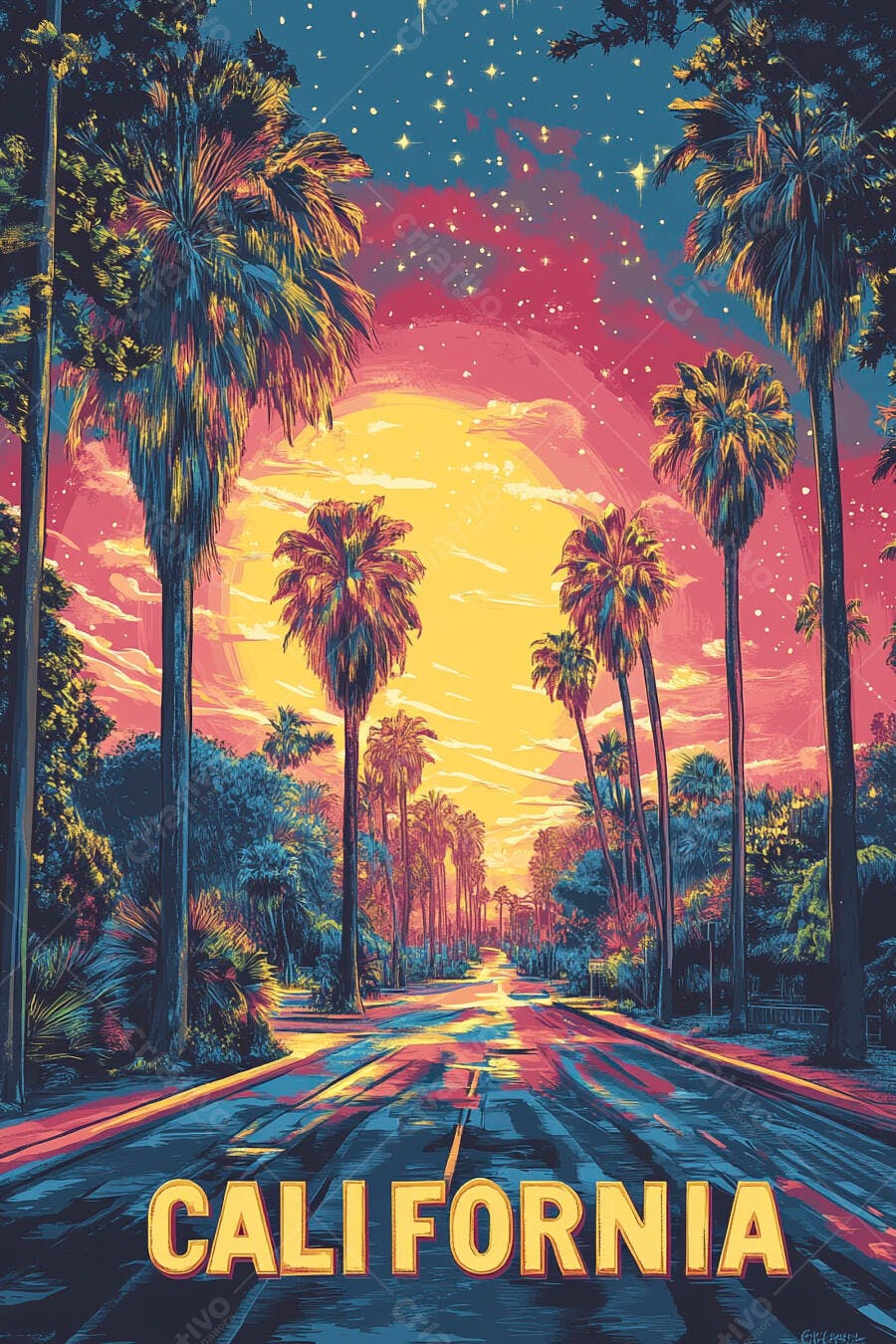 Ilustração Califórnia Pôr do Sol Palmeiras Estrada Retrô