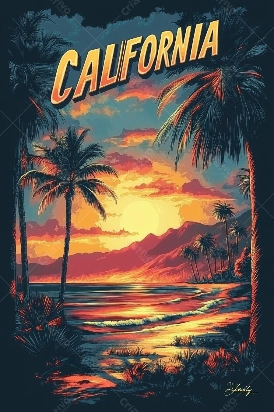 Ilustração Califórnia Pôr do Sol Praia Palmeiras Retrô