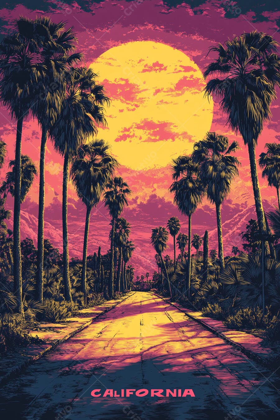Ilustração Retrowave Estrada Palmeiras Pôr do Sol Califórnia