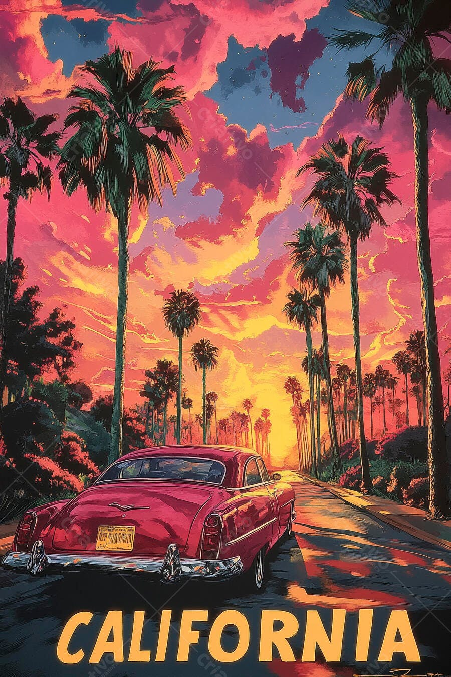 Carro vintage vermelho em estrada da Califórnia ao pôr do sol vibrante