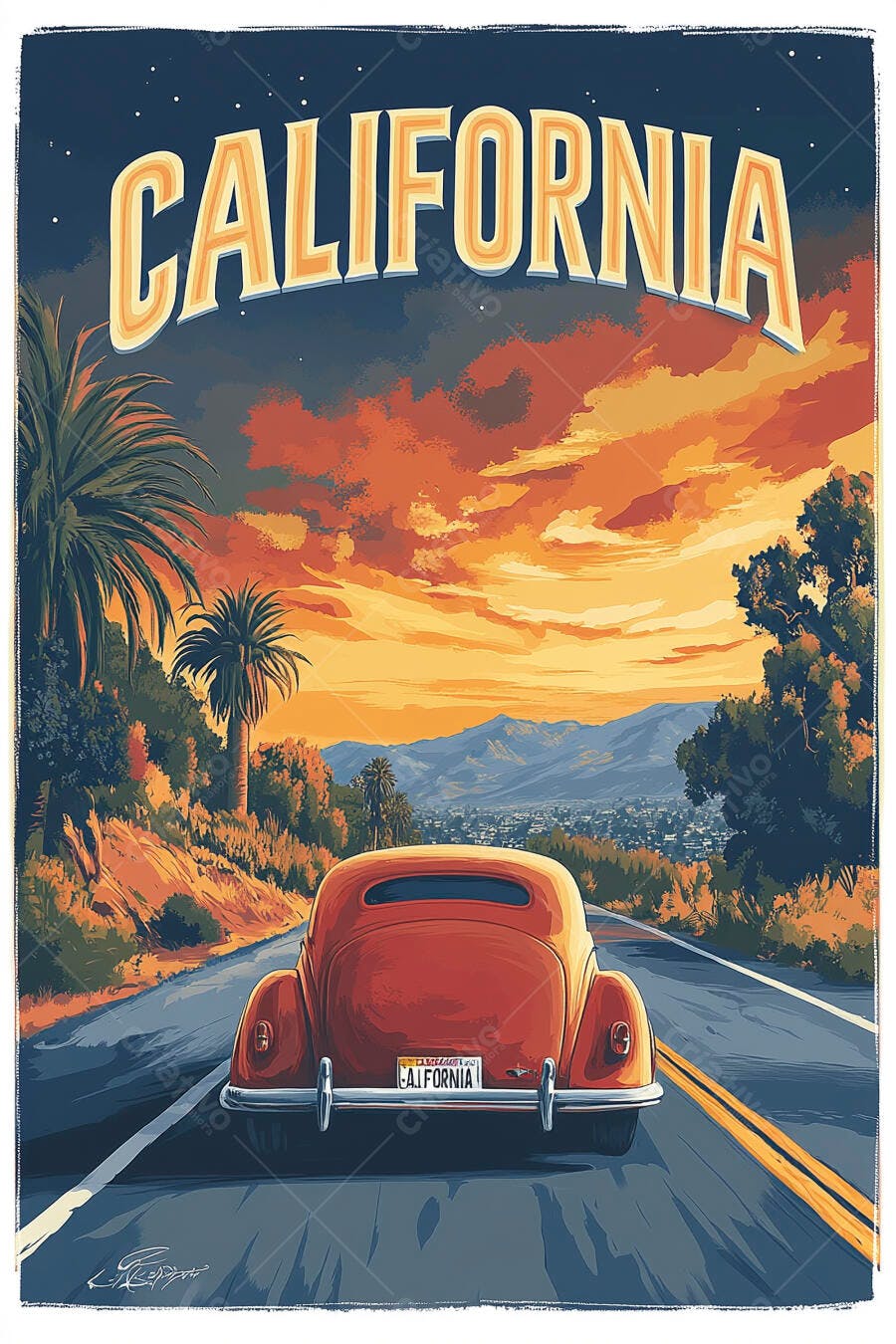 Carro vintage vermelho dirigindo em estrada da Califórnia com palmeiras ao pôr do sol