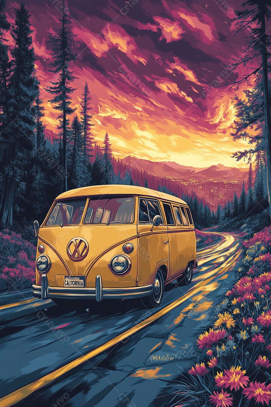 Kombi amarela vintage em estrada de montanha ao pôr do sol na Califórnia
