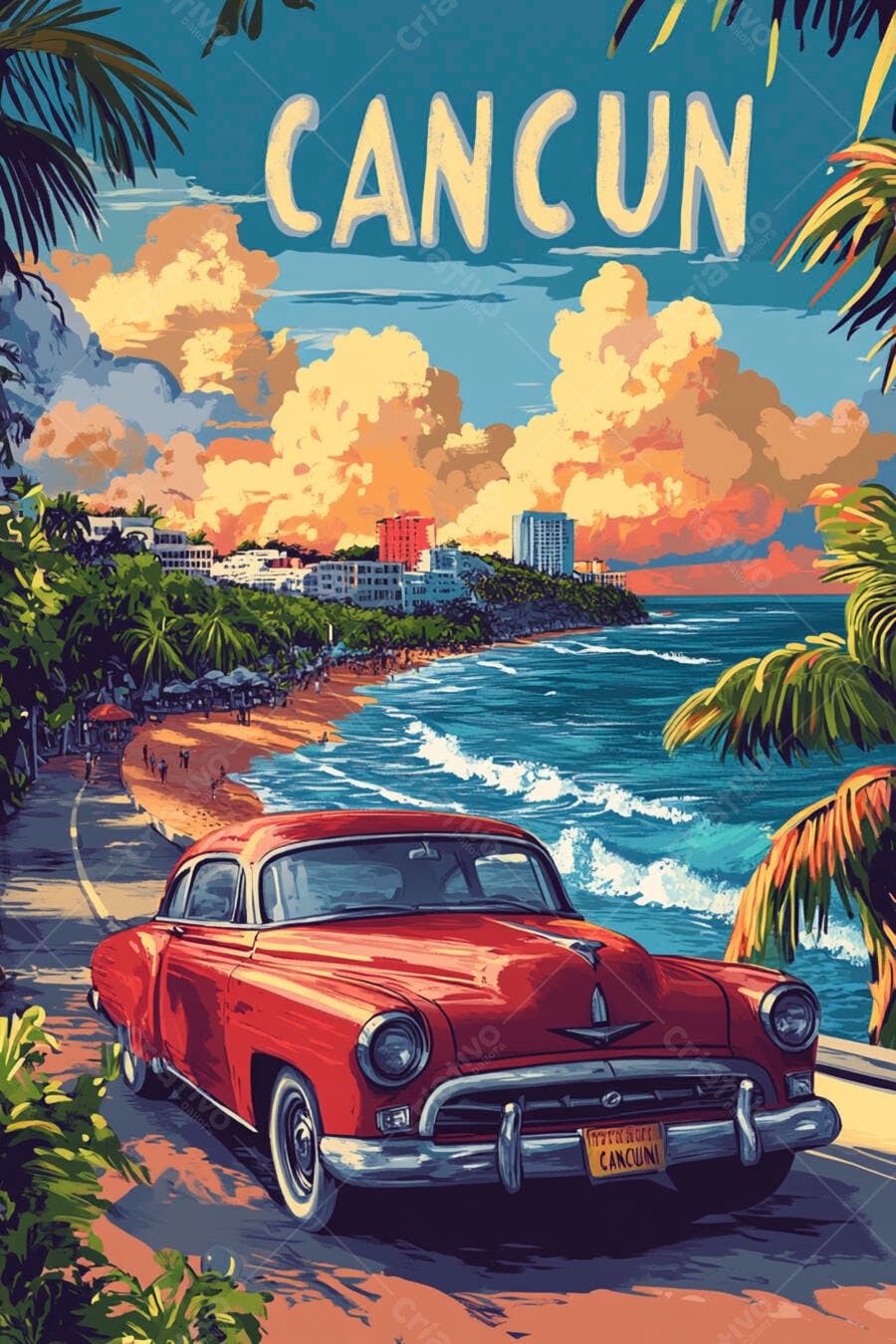 Pôster Vintage Cancún Carro Antigo Praia Tropical