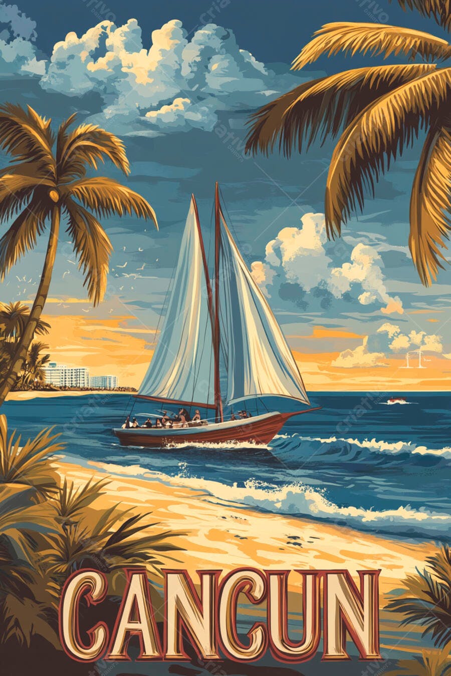 Pôster Cancun Vela Praia Coqueiros Estilo Vintage