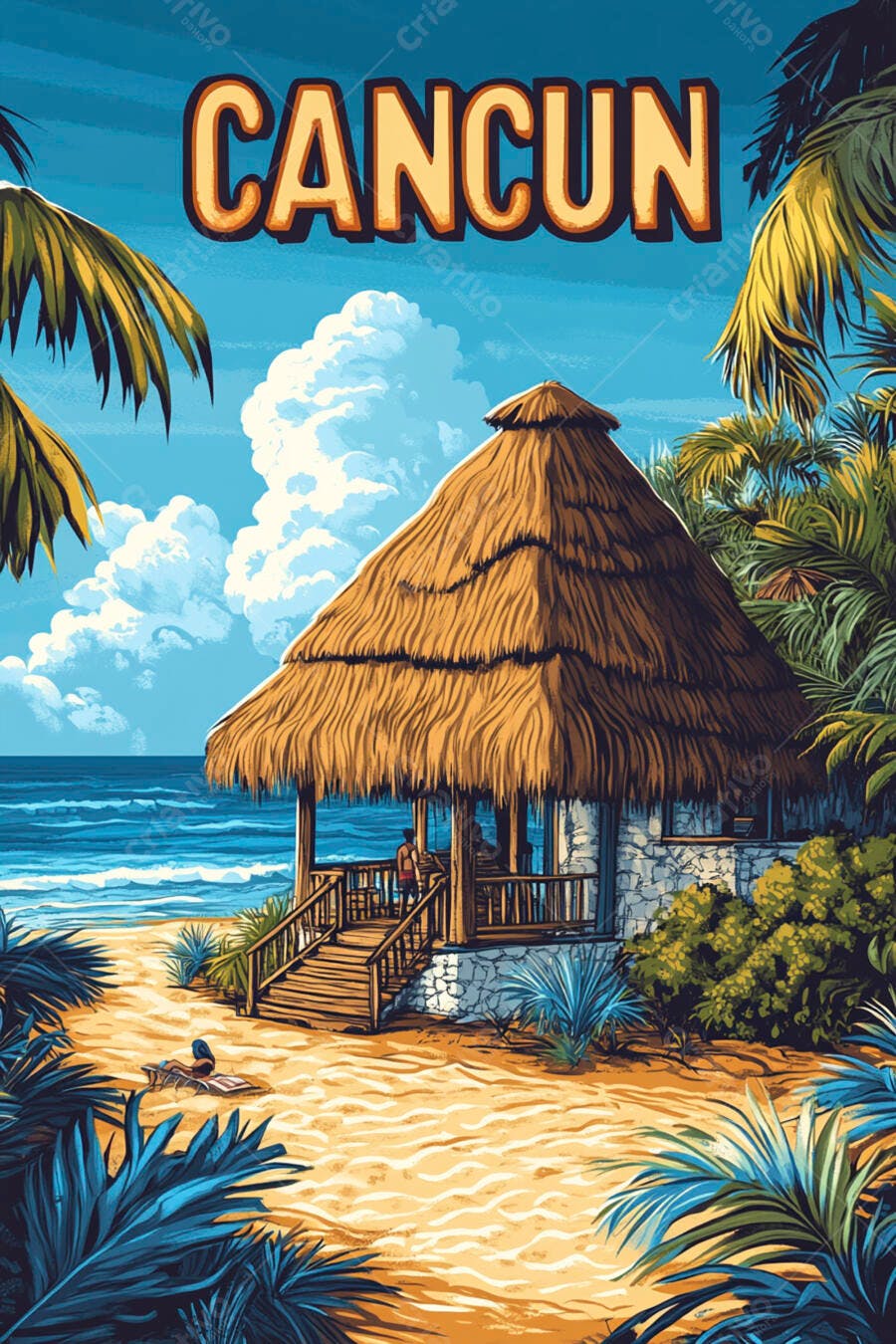 Ilustração Cancun Praia Cabana Areia Mar Coqueiros