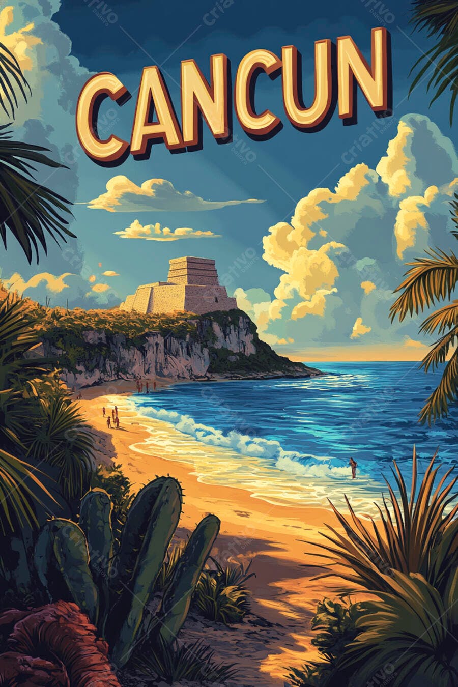 Cancun México Praia Pirâmide Maia Ilustração de Viagem