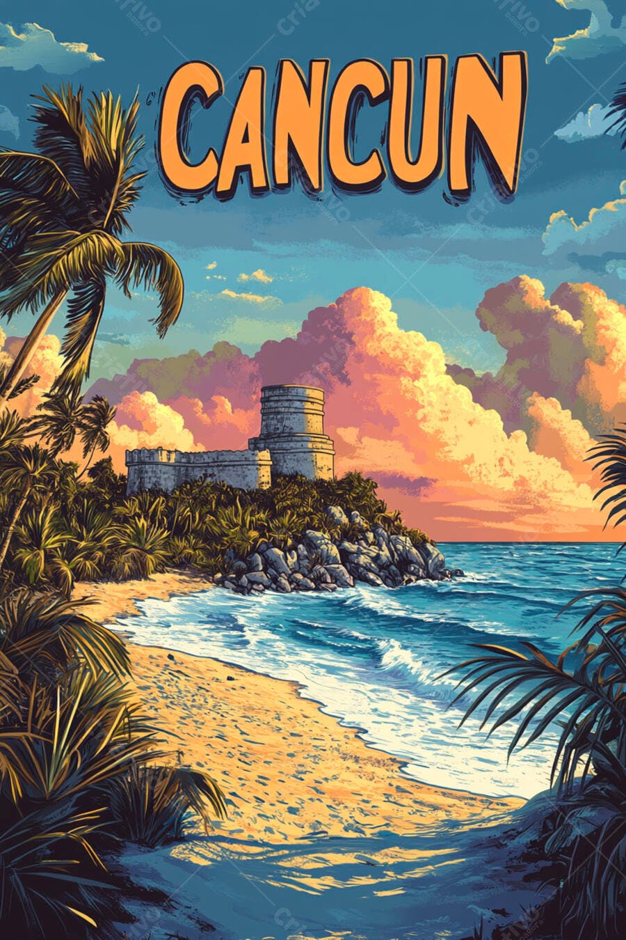 Cancun Praia Cenário Ruínas Maias Pôr do Sol Ilustração