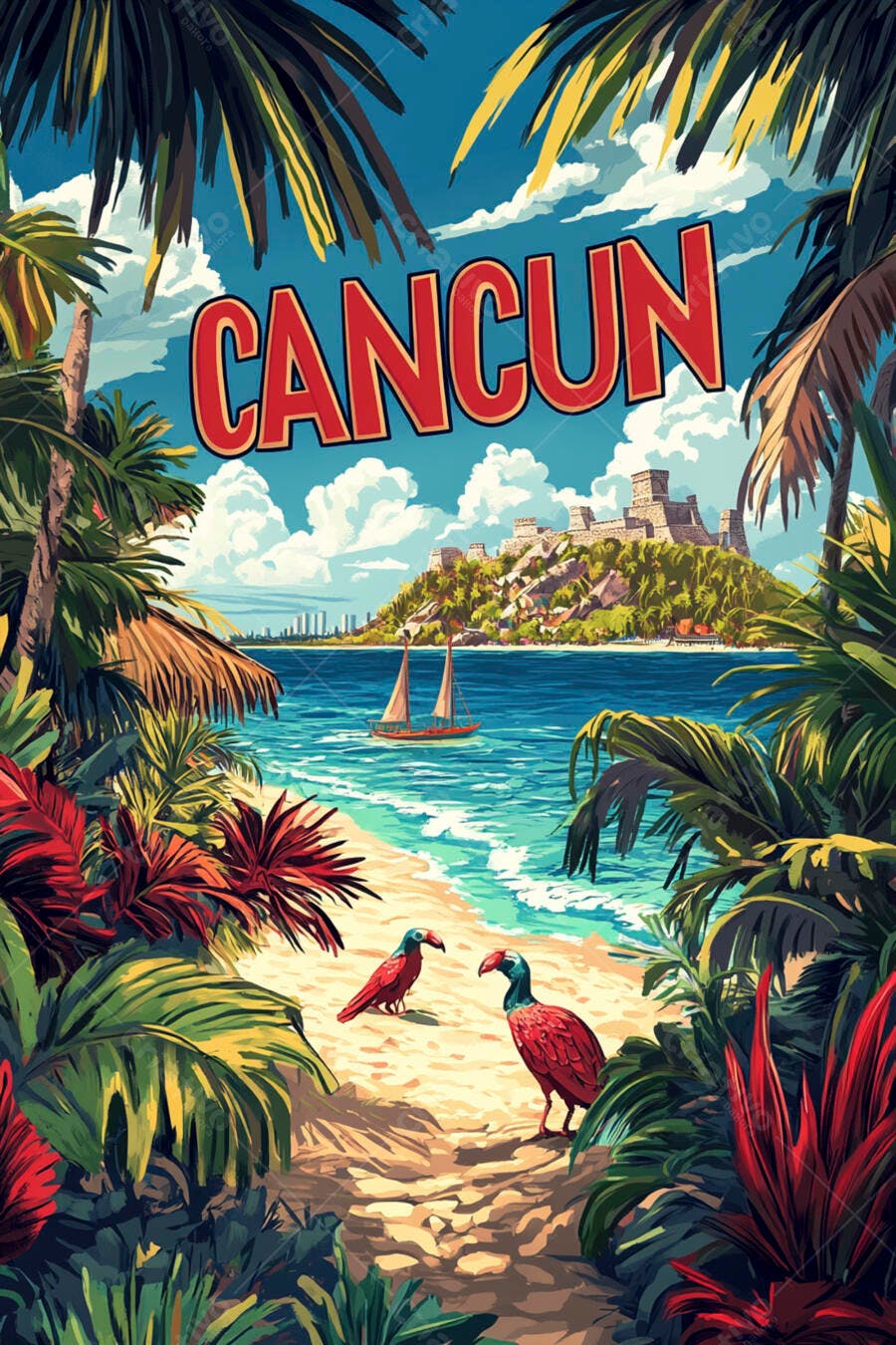Ilustração Cancun México Praia Tropical Vintage