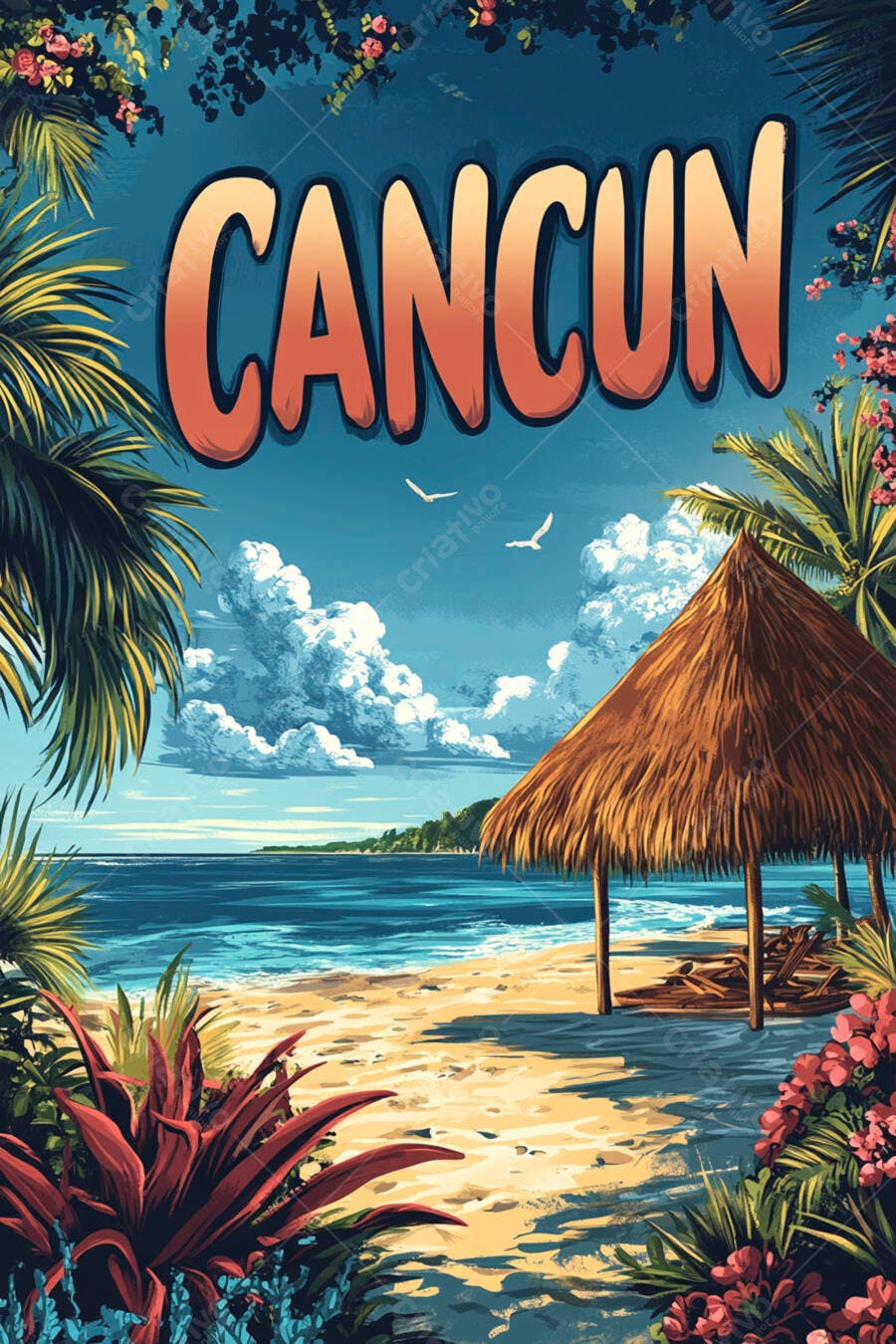 Ilustração Cancun Praia Tropical Verão Coqueiros
