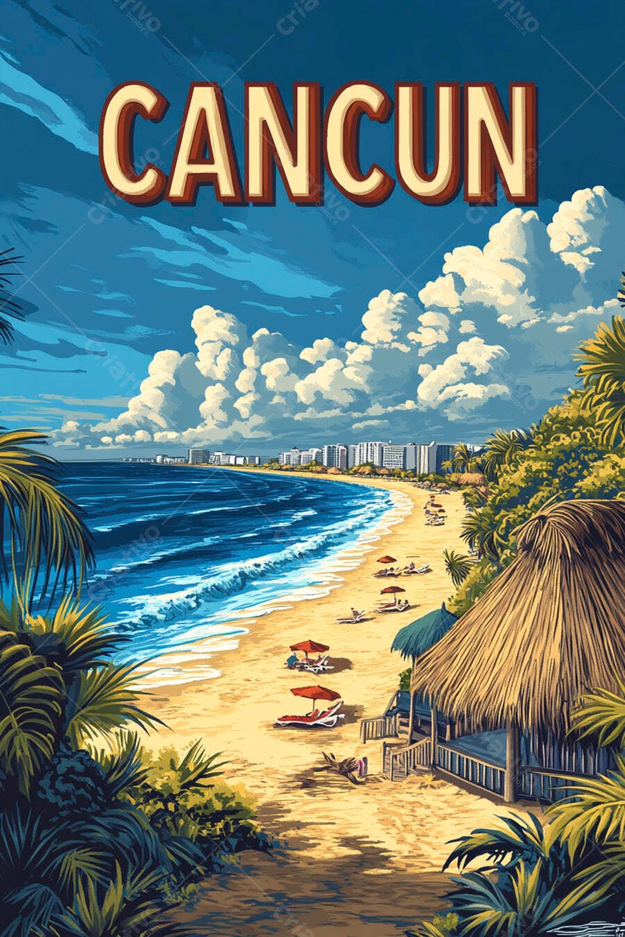 Ilustração Cancun Praia Tropical Mar Azul Céu Nublado