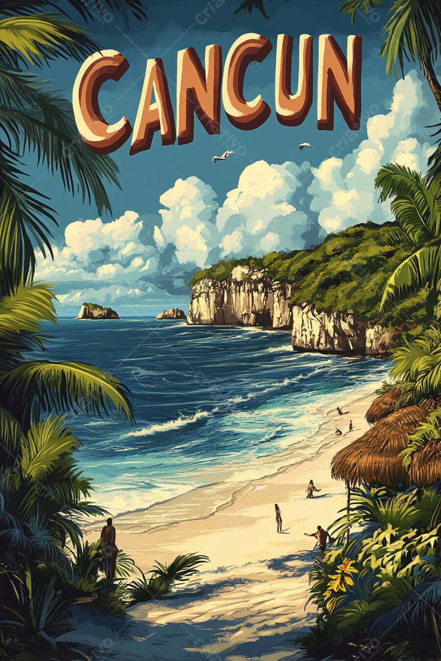 Ilustração Cancun Praia Tropical Verão Férias Cartaz