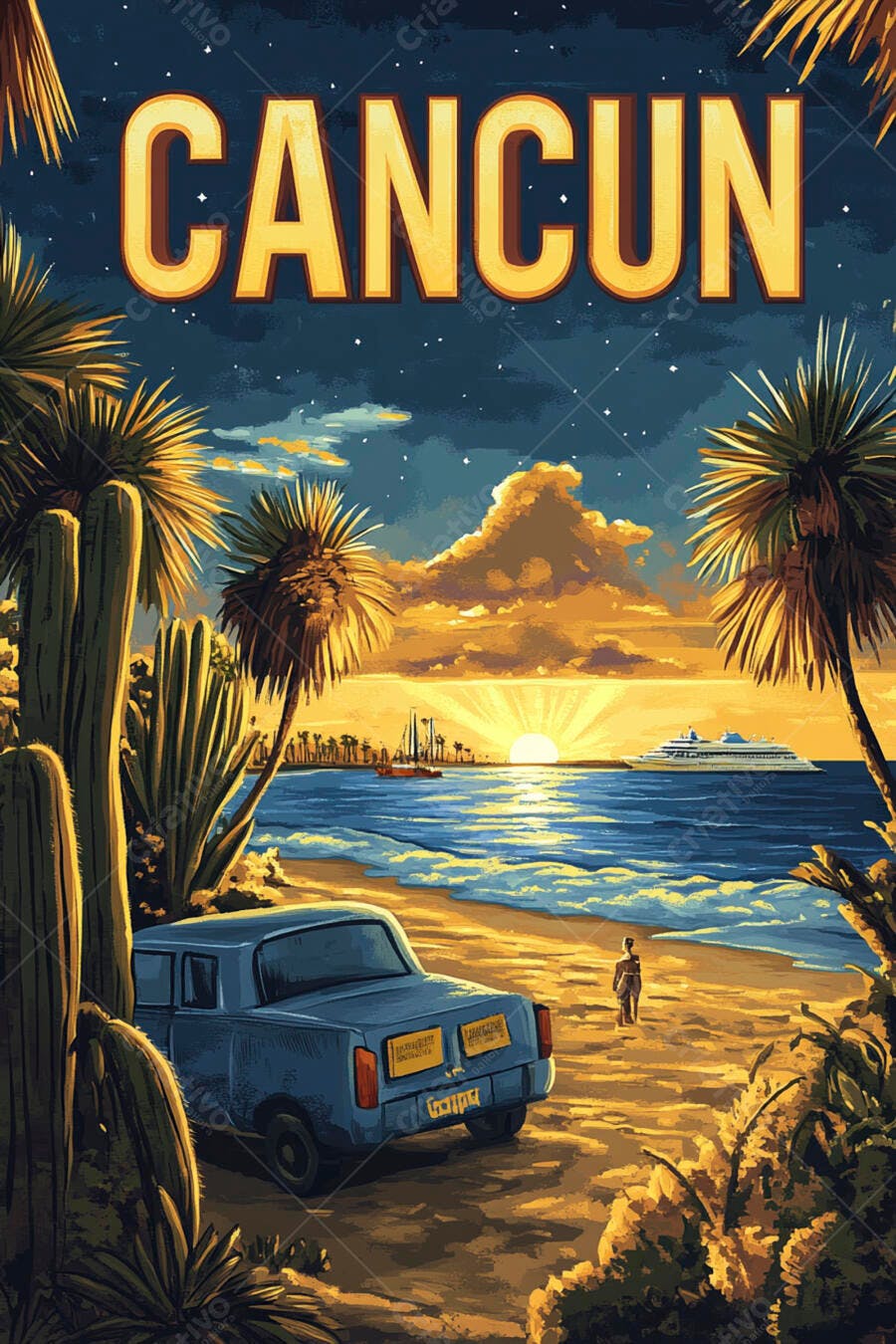 Cancun Pôr do Sol Praia Carro Vintage Ilustração Vetorial