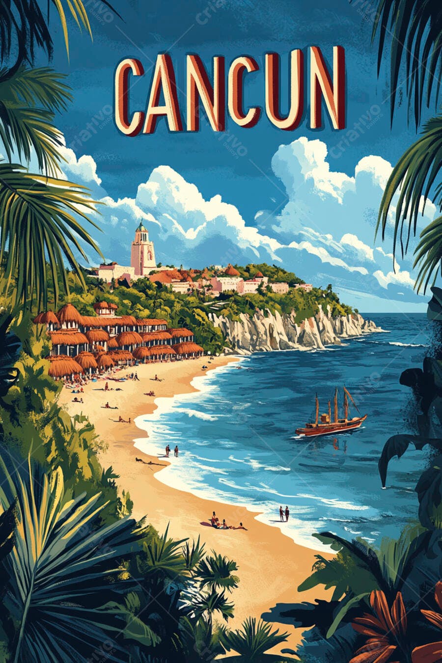 Cartaz Vintage Cancun Praia Caribe Ilustração
