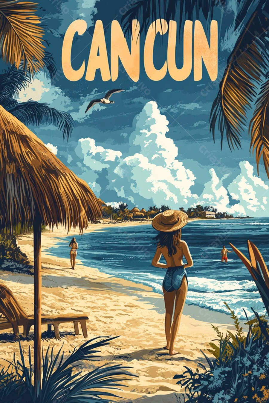 Arte Vetorial Cancun Praia Tropical Mulher Chapéu