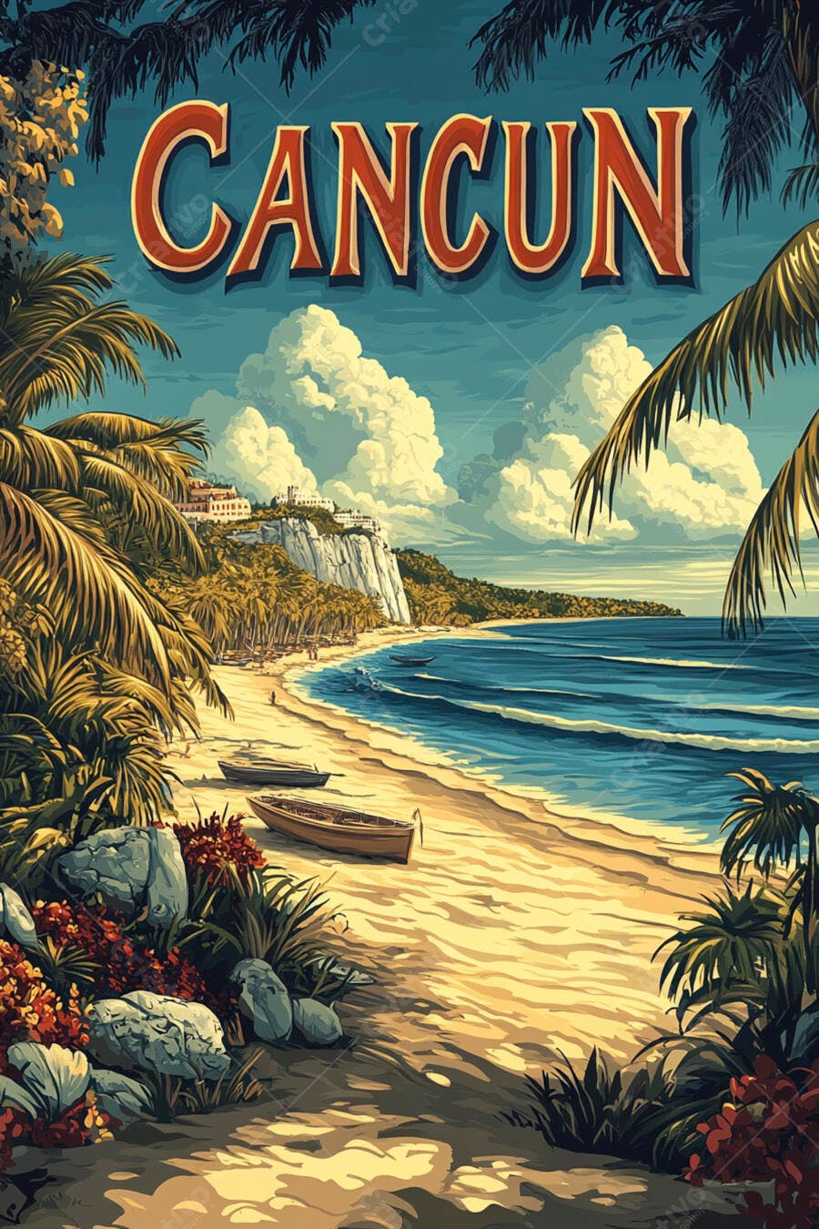 Pôster Vintage Cancun Praia Tropical Coqueiros Barcos