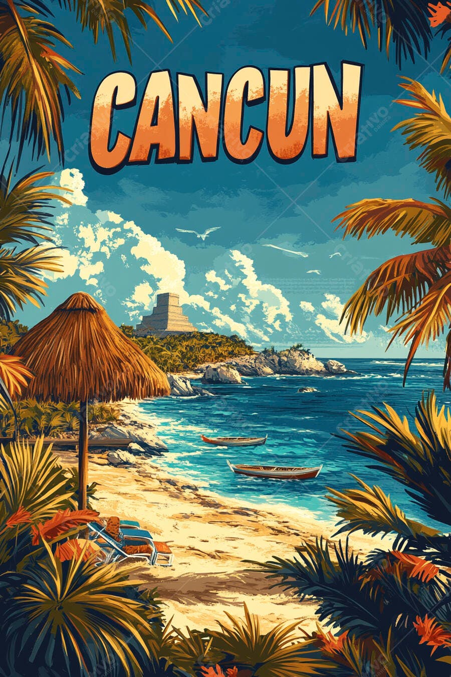 Ilustração Cancun Praia Tropical Pirâmide Maia Barcos