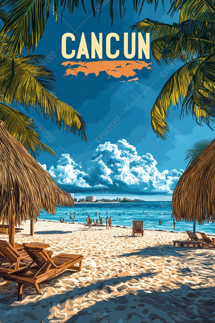 Ilustração Praia Cancun Férias Verão Coqueiros Mar Azul