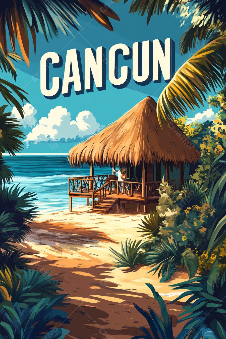 Ilustração Cancun Praia Cabana Coqueiros Verão