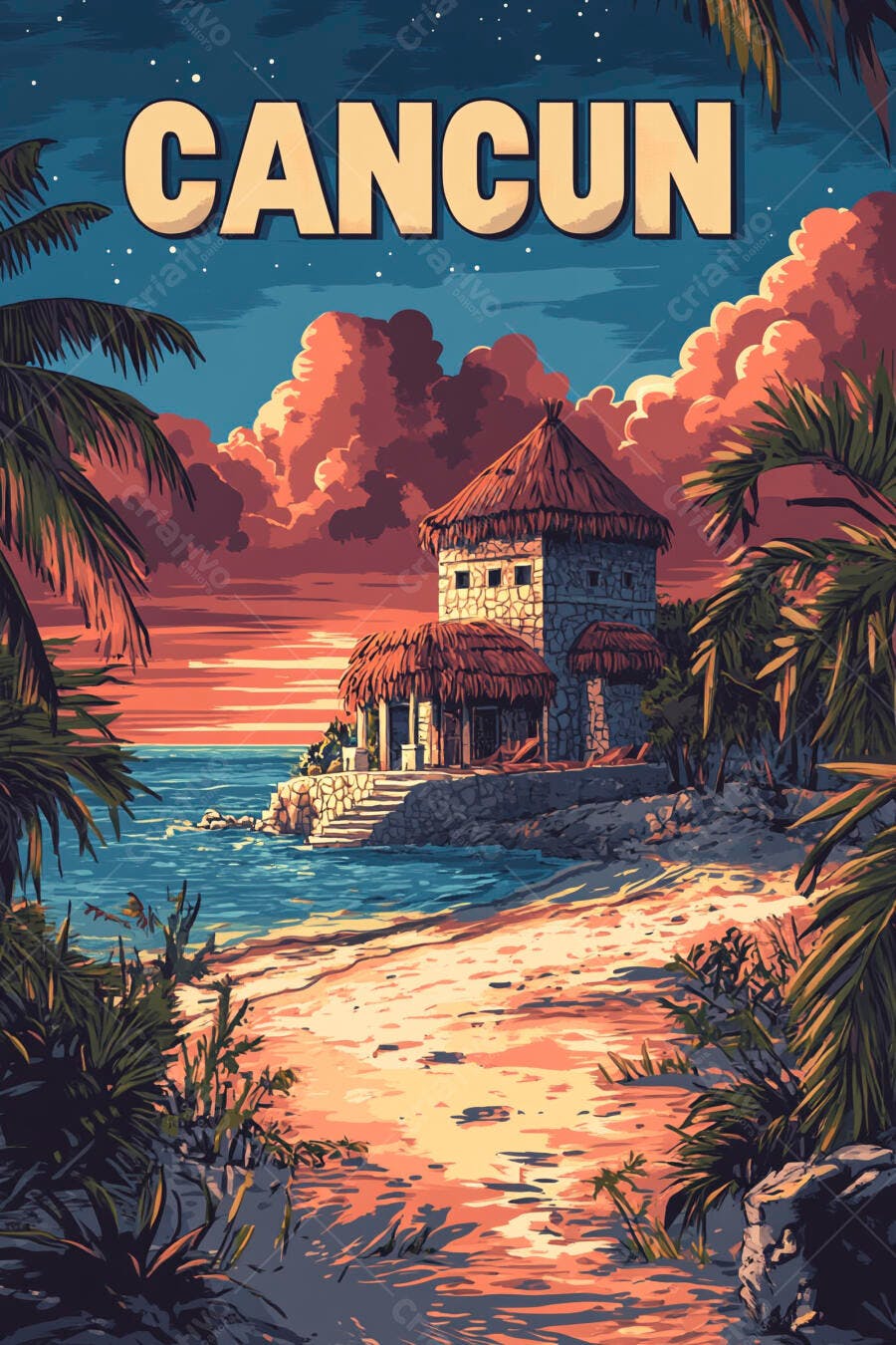 Cancun México Praia Ruínas Maias Pôr do Sol Ilustração