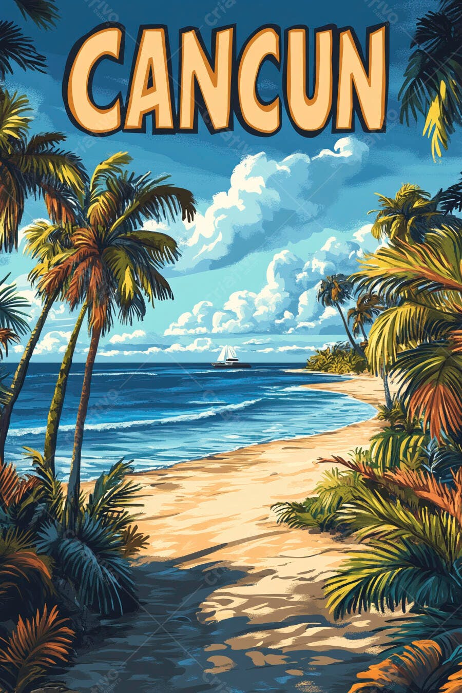 Ilustração Praia Cancun Coqueiros Mar Azul Céu Nublado
