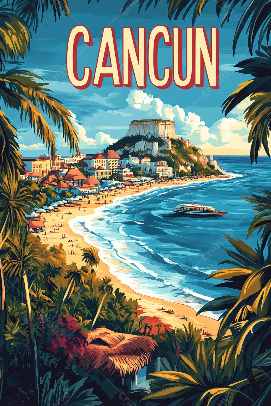Pôster Cancun Praia Tropical Estilo Vintage Ilustração