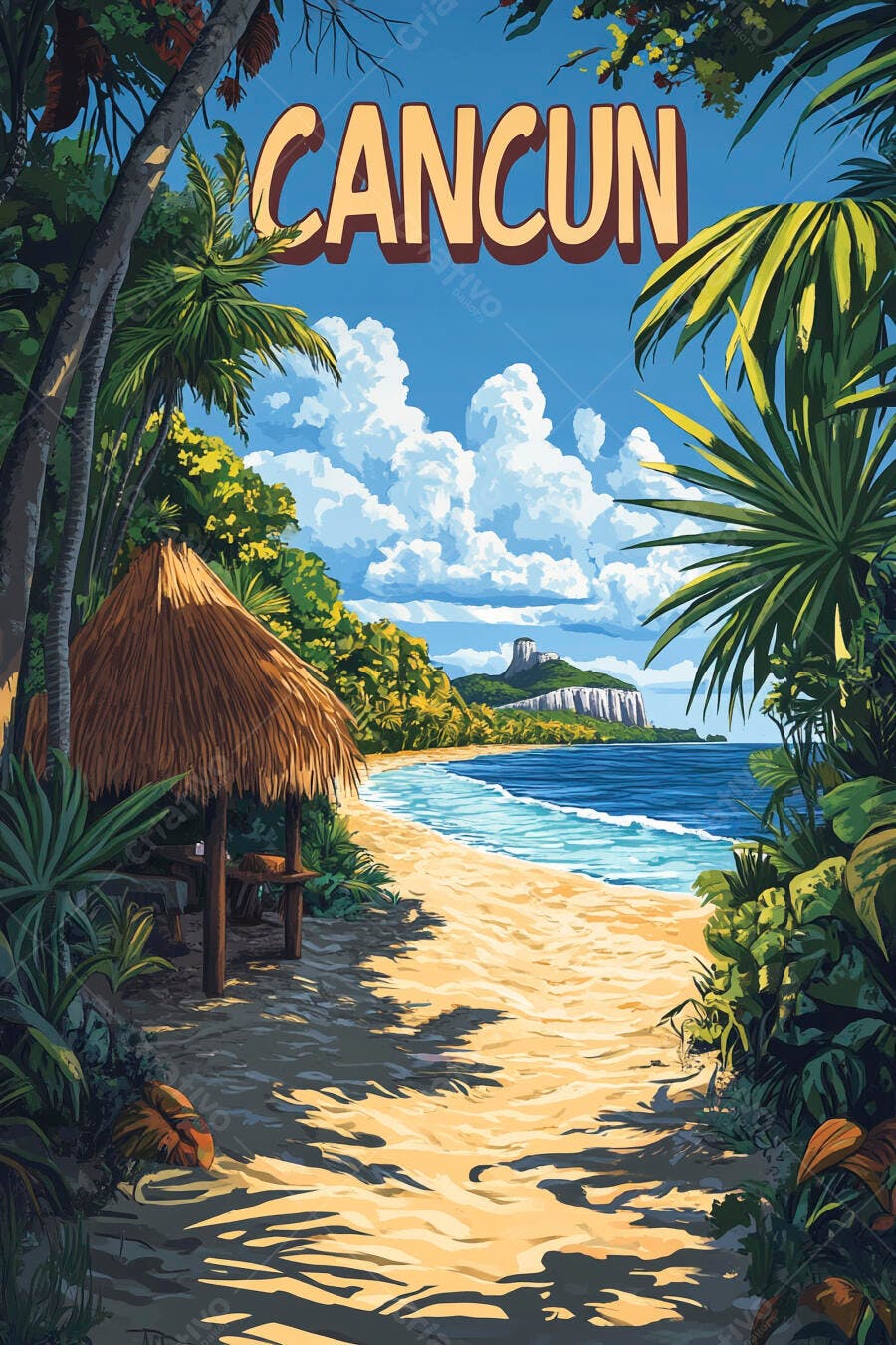 Ilustração Cancun Praia Tropical Coqueiros Sol Areia