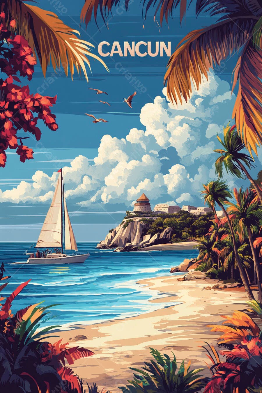 Ilustração Cancun Praia Tropical Barco à Vela Férias