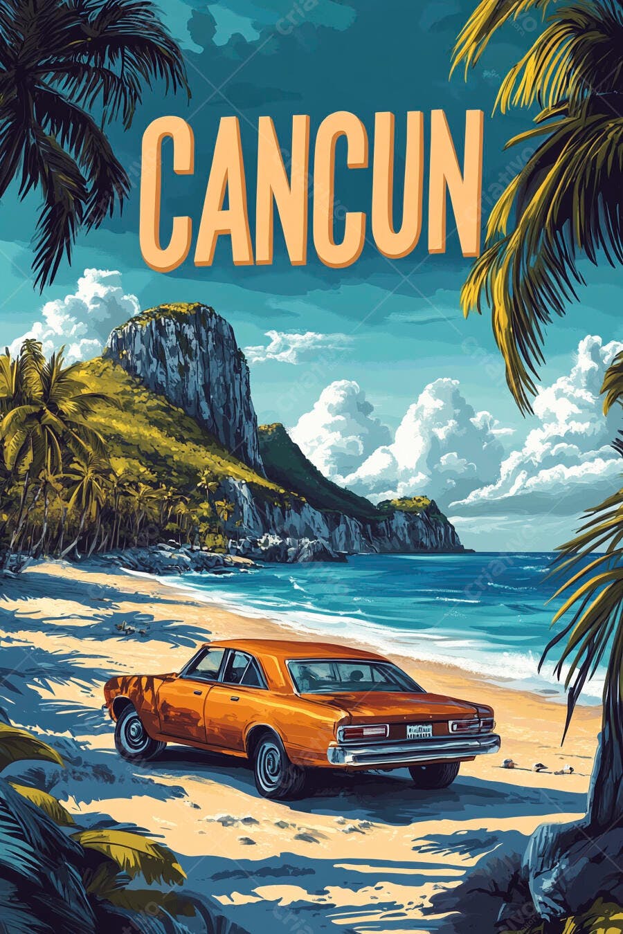 Pôster Vintage Cancun Praia Carro Antigo Ilustração