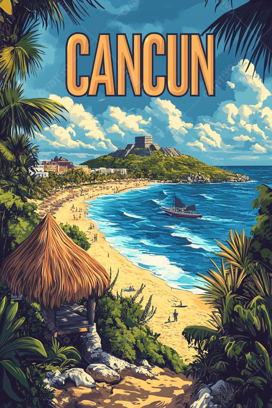 Cancun Praia Caribe Pirâmide Maia Ilustração Vintage
