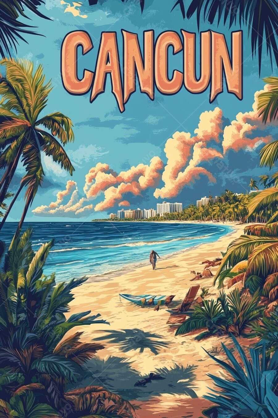 Pôster Cancun Praia Tropical Coqueiros Verão Ilustração