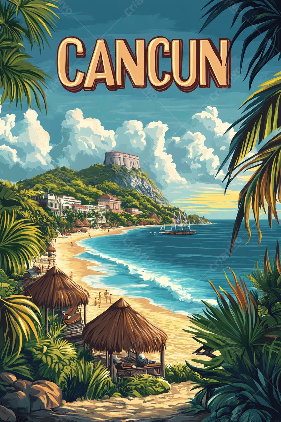 Ilustração Cancun Praia Tropical Mar Azul Coqueiros