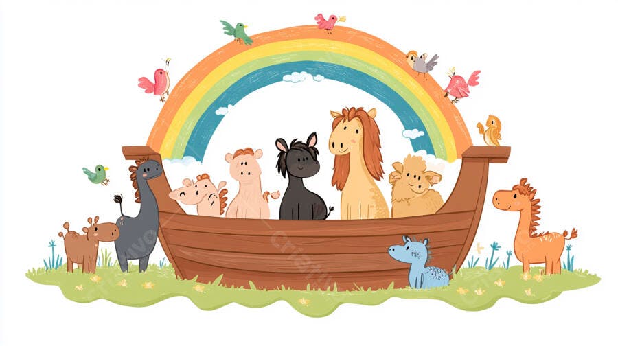 Ilustração Arca de Noé Animais Fofos Arco-Íris