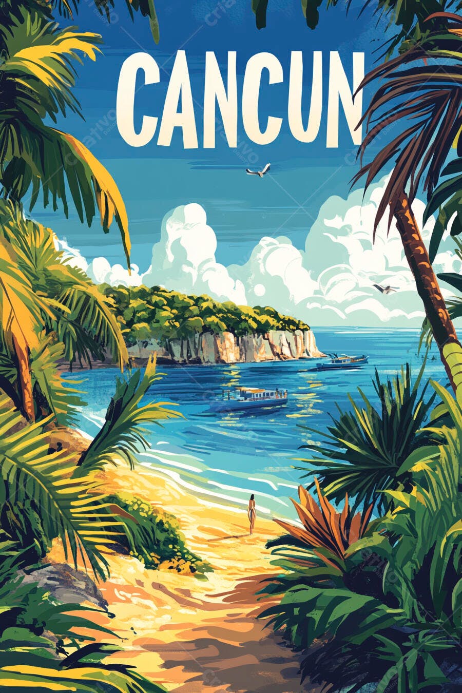 Pôster Cancun Praia Caribe Tropical Ilustração Vintage