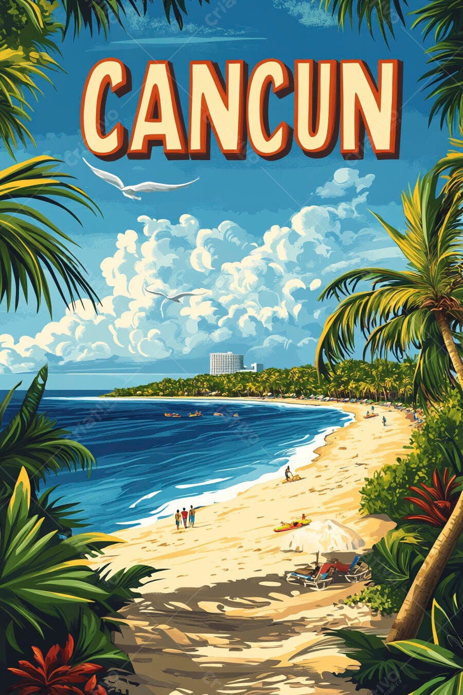 Pôster Cancun Praia Tropical Ilustração Vintage Retrô