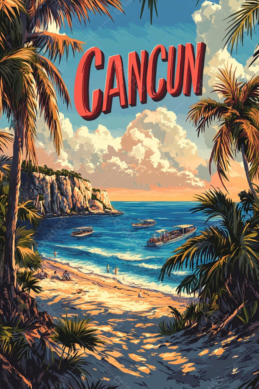 Ilustração Cancun Praia Tropical Coqueiros Barcos Mar Azul