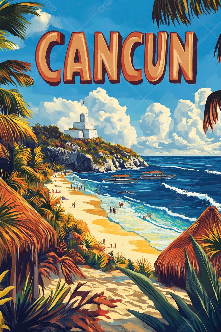Ilustração Cancun Praia Caribe Templo Maia Coqueiros