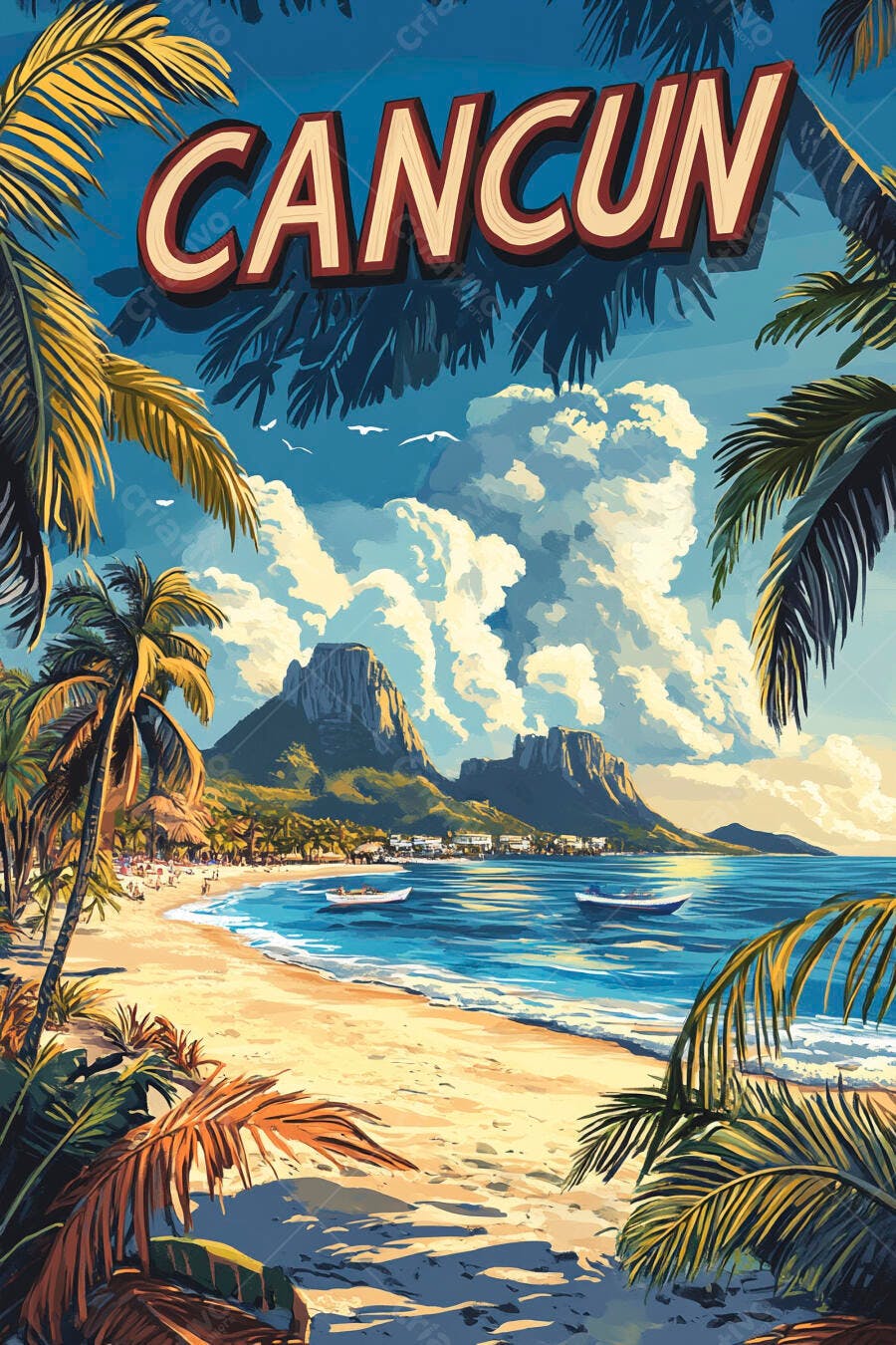 Ilustração Cancun Praia Tropical Coqueiros Montanhas