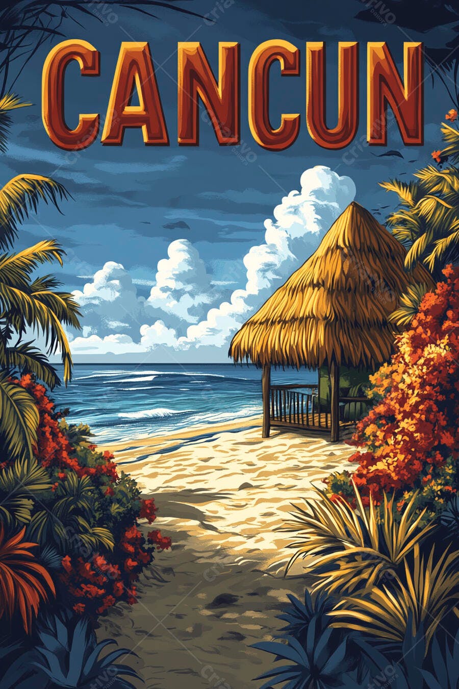 Ilustração Cancun Praia Tropical Cabana Coqueiros Mar