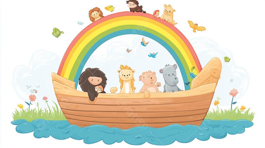 Arca de Noé Ilustração Infantil Animais Arco-íris
