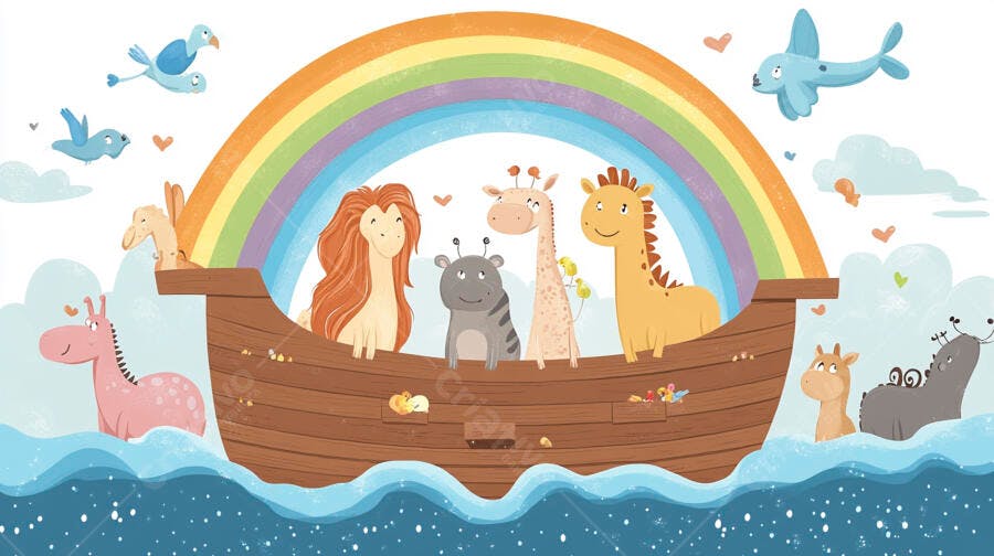 Ilustração Arca de Noé Animais Fofos Arco-Íris